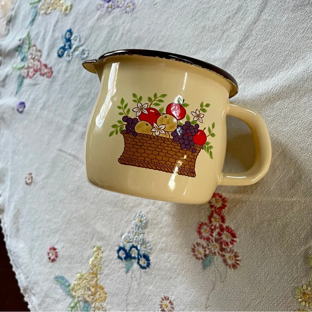 Vintage FTD Metal 3 Cup Enamelware Pitcher. Cream Color w/ Basket of Fruit